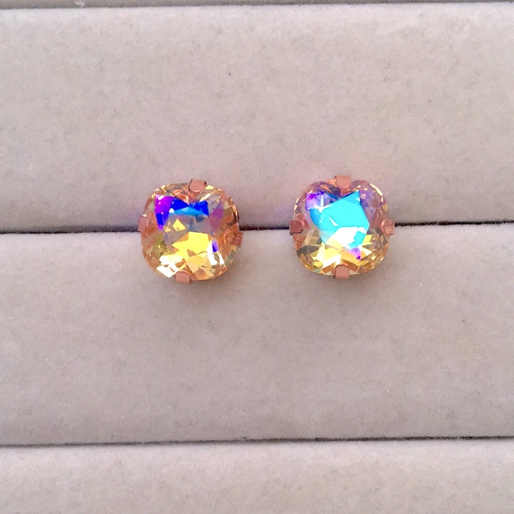 Iridescent Champagne Topaz Sparkle + Rose Gold Cushion Cut Crystal Earrings - Picture 1 of 8